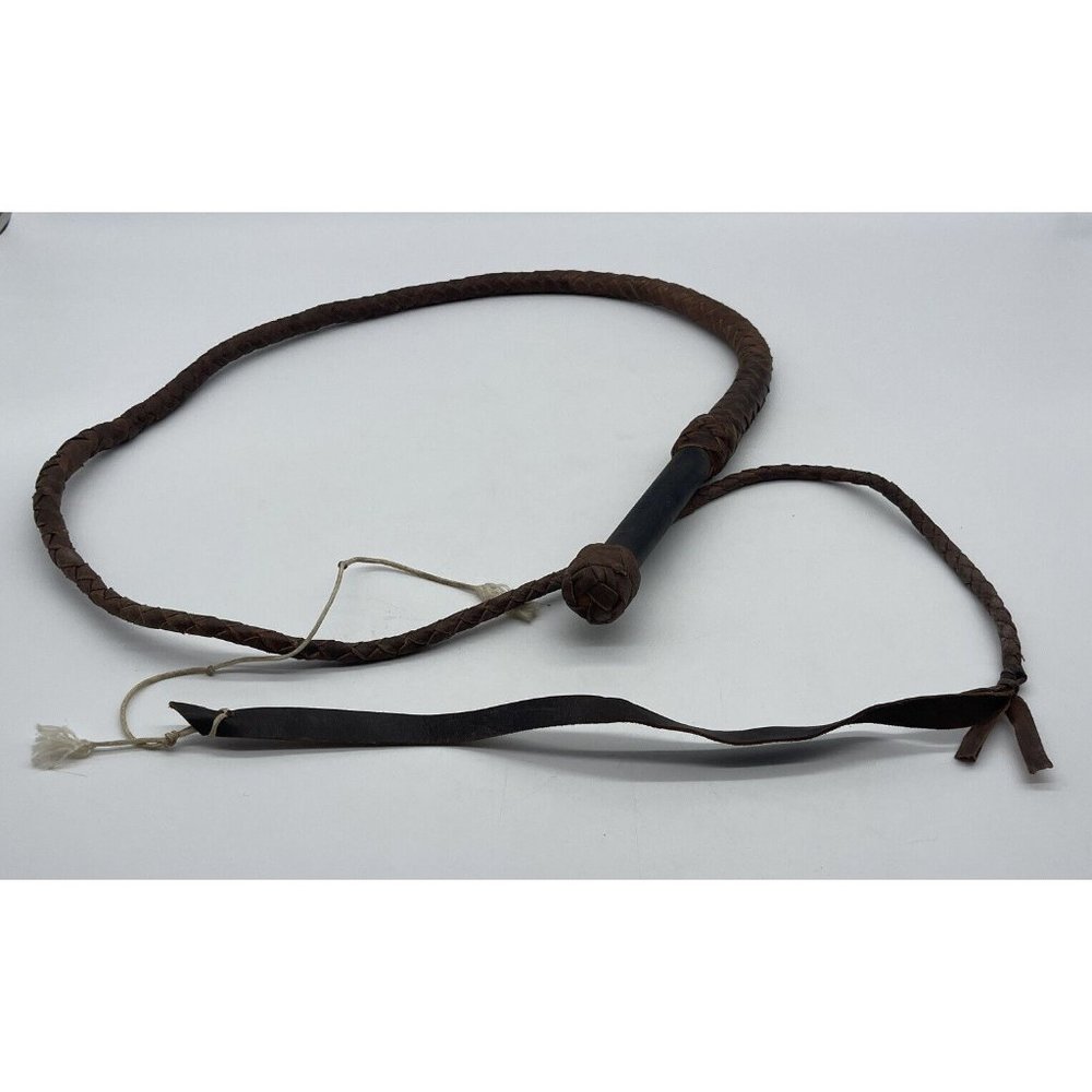 Bullwhip Bull Whip Leather Old Vintage Estate Handmade Braided Folk Art - Cowboy